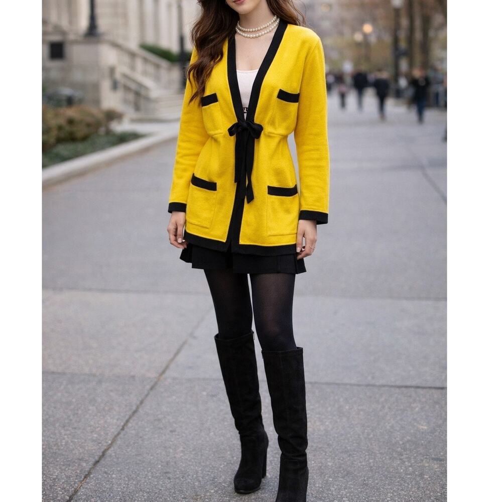 Emanuel Ungaro vintage tie front long cardigan clueless yellow black size M